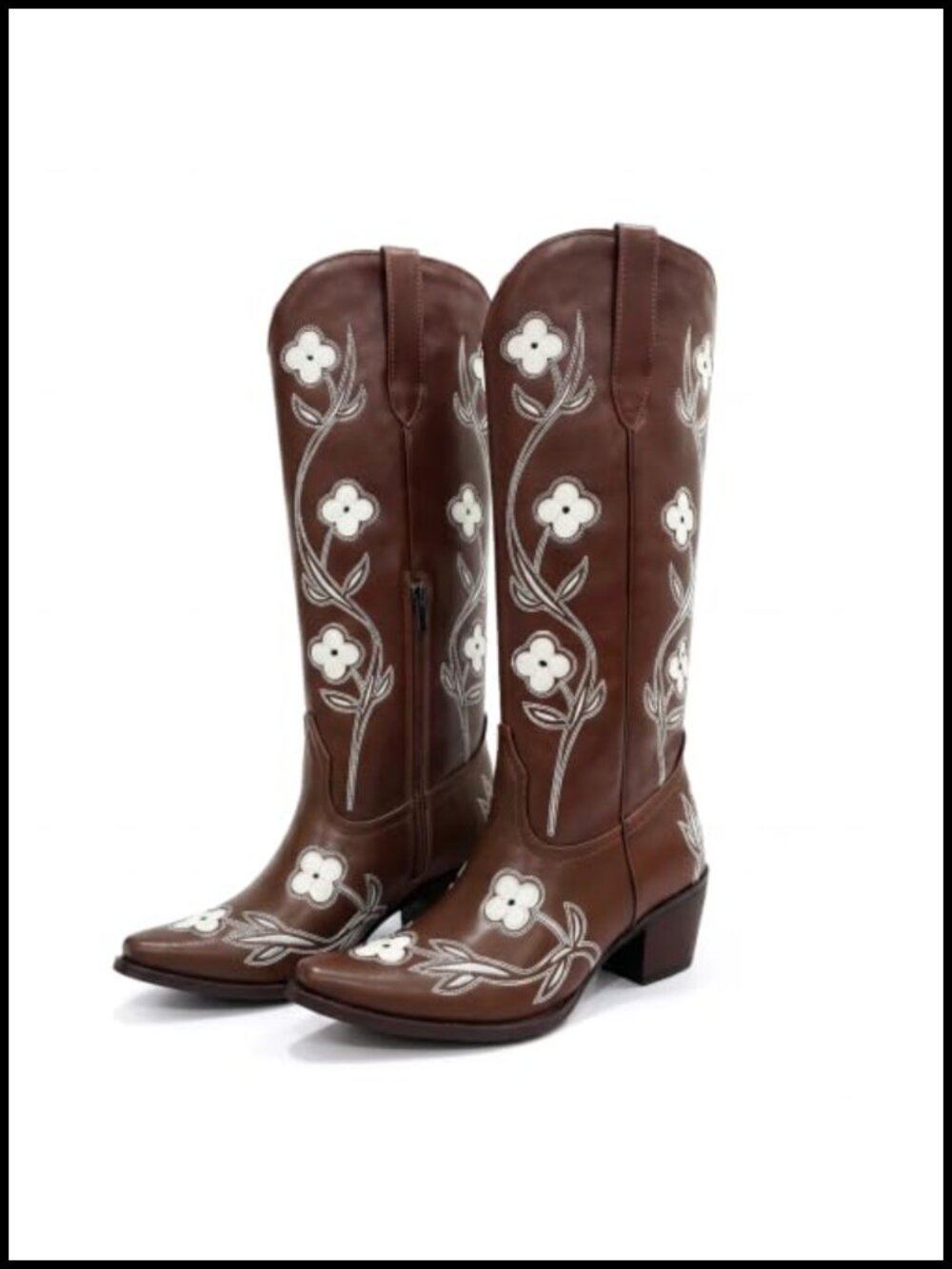 Faux Leather Knee High Cowboy Boots Embroidered Chunky Heel Western